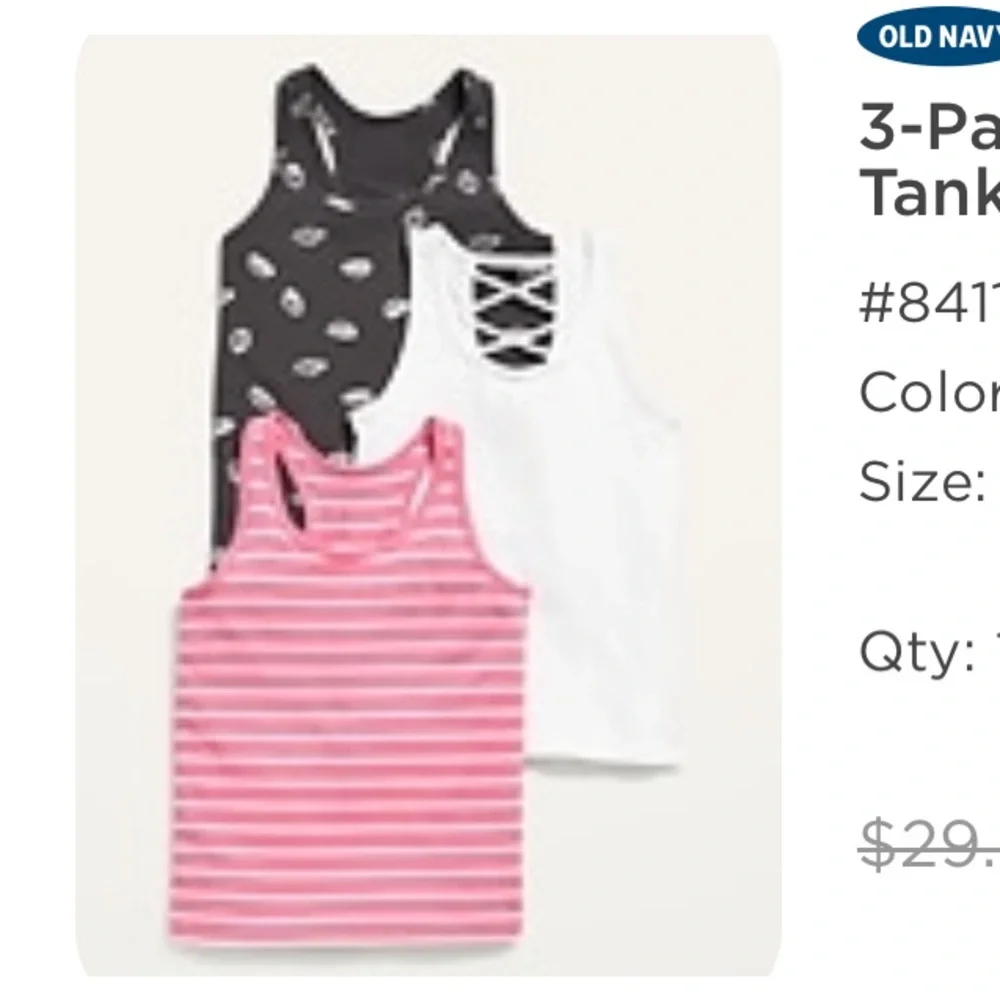 Old Navy 3 pack fitted strappy tank tops for girls. Pink, black and white